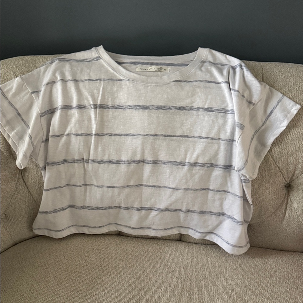 Altar’d State Striped White and Blue Cropped T-Shirt